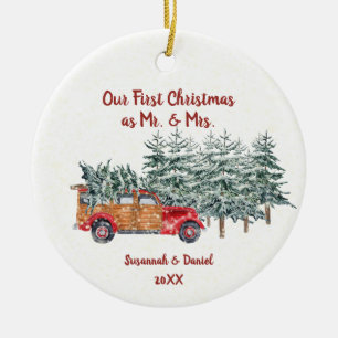 Red Woodie Pine Trees Snow Our First Christmas Ceramic Tree Decoration