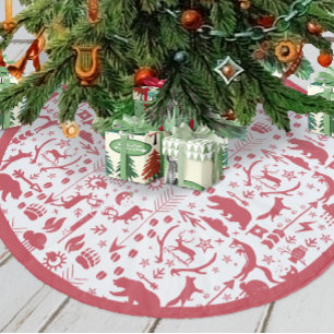 Red Woodland Fox Deer Bear Merry Christmas Fleece Tree Skirt