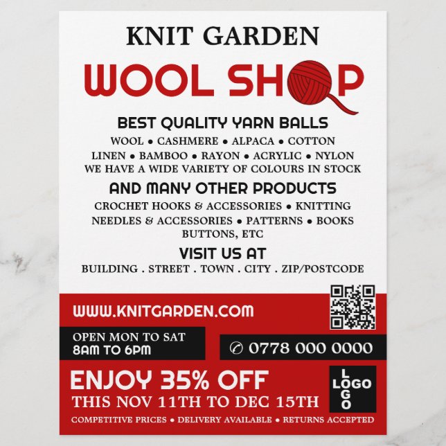 Red Wool Shop Logo, Knitting Store, Yarn Store Flyer (Front)