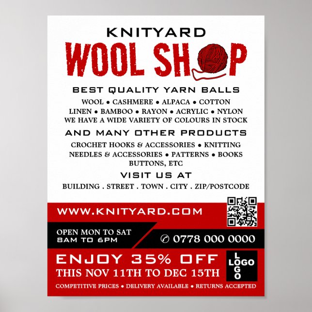 Red Wool Shop Logo, Knitting Store, Yarn Store Poster (Front)
