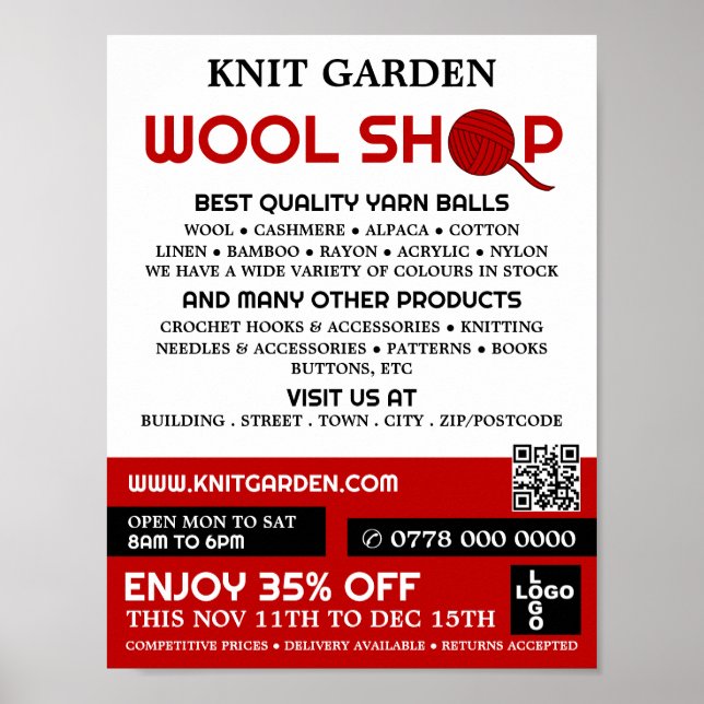Red Wool Shop Logo, Knitting Store, Yarn Store Poster (Front)
