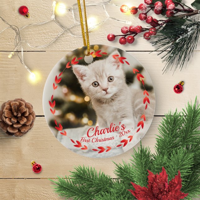 Red Wreath Cat First Christmas Simple Photo Ceramic Tree Decoration (Creator Uploaded)