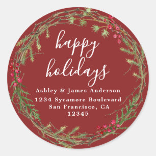 Red Wreath Holiday Return Address Classic Round Sticker