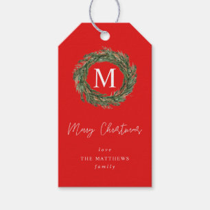 Red Wreath Monogram Gift Tags
