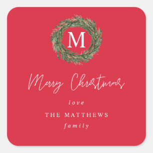 Red Wreath Monogram Merry Christmas Gift Square Sticker