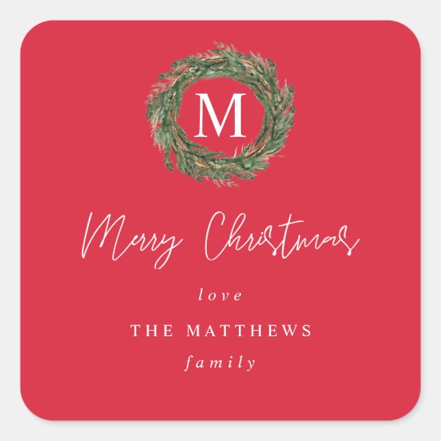 Red Wreath Monogram Merry Christmas Gift Square Sticker (Front)