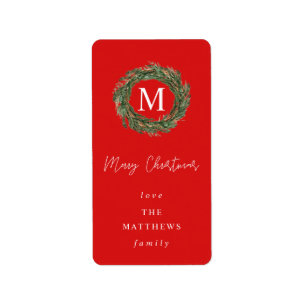 Red & Wreath Monogram Merry Christmas Label
