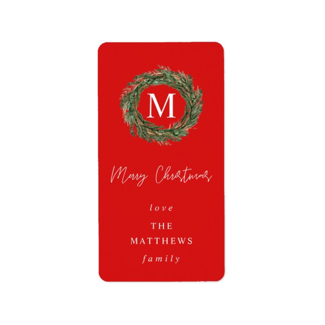 Red & Wreath Monogram Merry Christmas Label (Front)