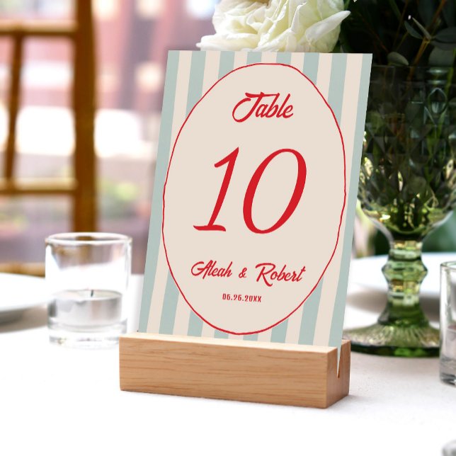 Red Writing Blue Line Retro Wedding Table Number (Creator Uploaded)