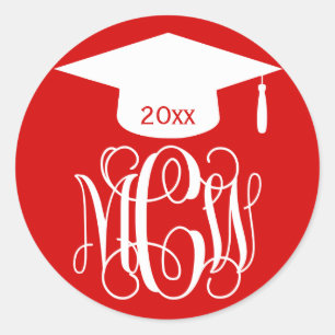 Red Wt Vine Script Monogram Graduation DIY BG Classic Round Sticker