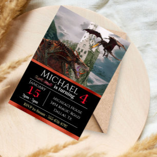 Red Wyvern Dragon Mediaeval Castle Metallic Birthd Invitation