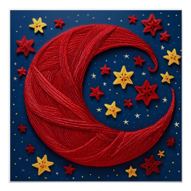 Red Yarn Crescent Moon With Small Yarn Stars Poster (Front)
