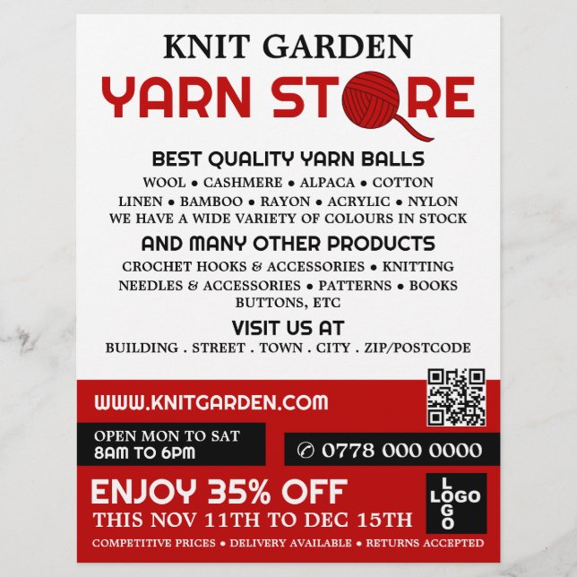 Red Yarn Store Logo, Knitting Store, Yarn Store Flyer (Front)