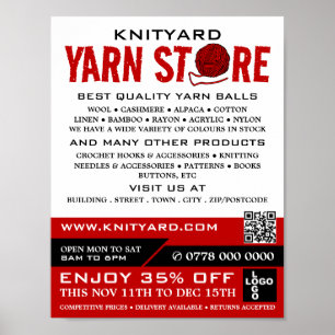 Red Yarn Store Logo, Knitting Store, Yarn Store Poster