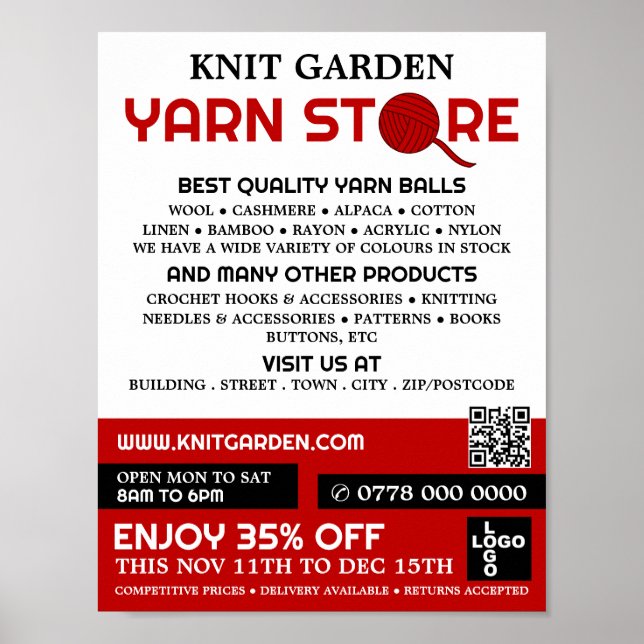 Red Yarn Store Logo, Knitting Store, Yarn Store Poster (Front)