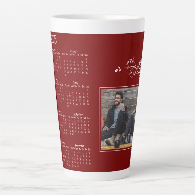 Red Year 2025 Photo Calendar with Foliage  Latte Mug (Front)