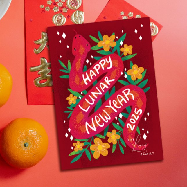 Red Year of the Snake Lunar New Year Card (Lunar New Year of the snake illustrated card with family name text)