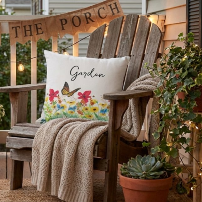 Red Yellow and Blue Floral with Butterfly  Cushion (add ambiance to your outdoor space with a floral created throw pillow )