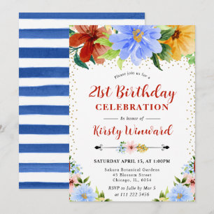 Red, Yellow and Blue Flowers 21st Birthday Invitation
