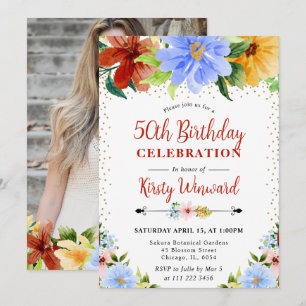 Red, Yellow and Blue Flowers 50th Birthday Invitation