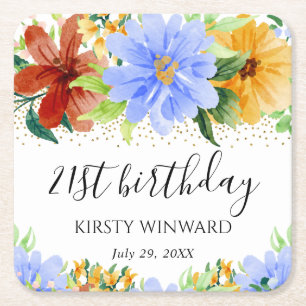 Red Yellow and Blue Flowers Birthday Square Paper Coaster