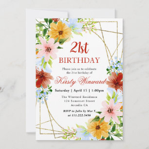 Red, Yellow and Blue Flowers Frame 21st Birthday Invitation