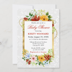 Red, Yellow and Blue Flowers Gold Baby Shower Invitation