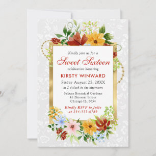 Red, Yellow and Blue Flowers Gold Sweet 16 Invitation