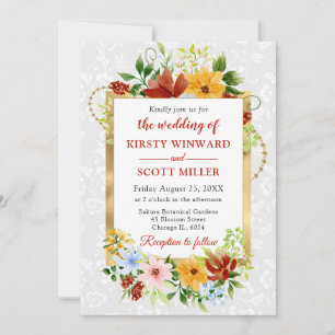 Red, Yellow and Blue Flowers Gold Wedding Invitation