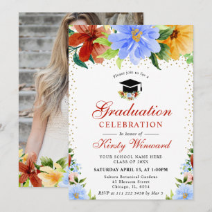Red, Yellow and Blue Flowers Graduation Photo Invitation