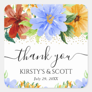 Red Yellow and Blue Flowers Wedding Square Sticker