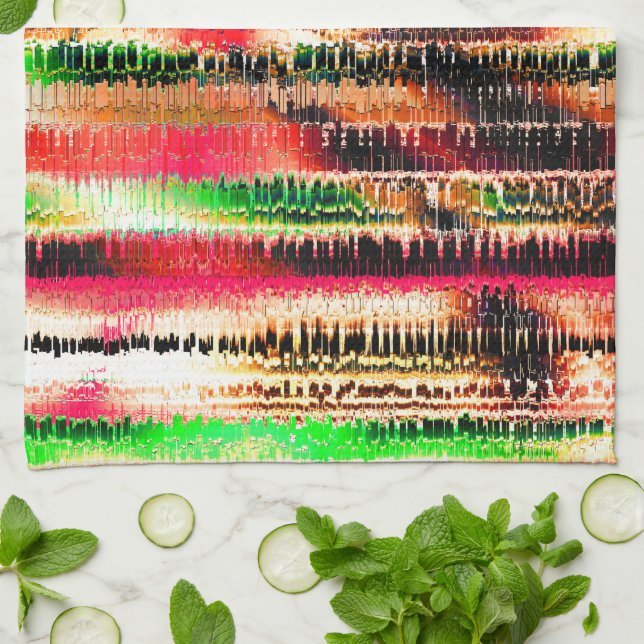 Red yellow and green coloured striped sliced paper tea towel (Folded)