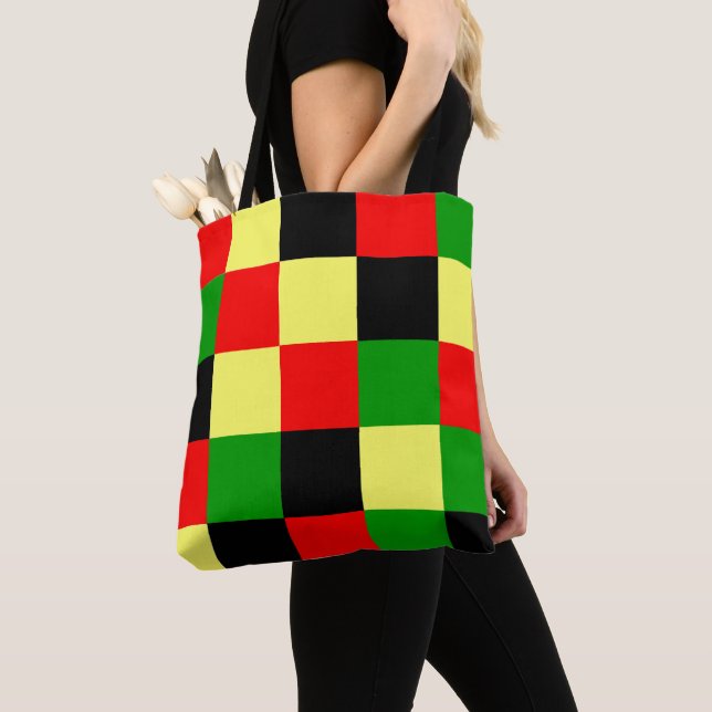 Red, Yellow, Black and Green Checkers Tote Bag (Close Up)