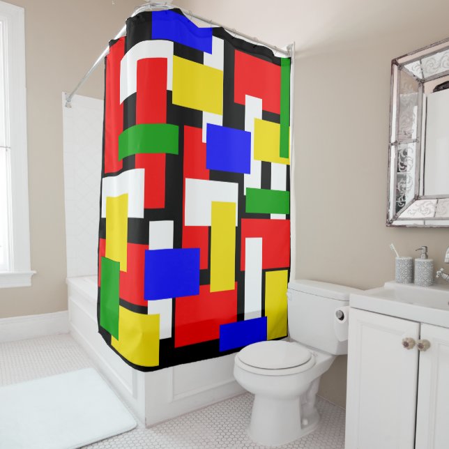 Red, Yellow, Black, Blue and Green Blocks Shower Curtain (In Situ)