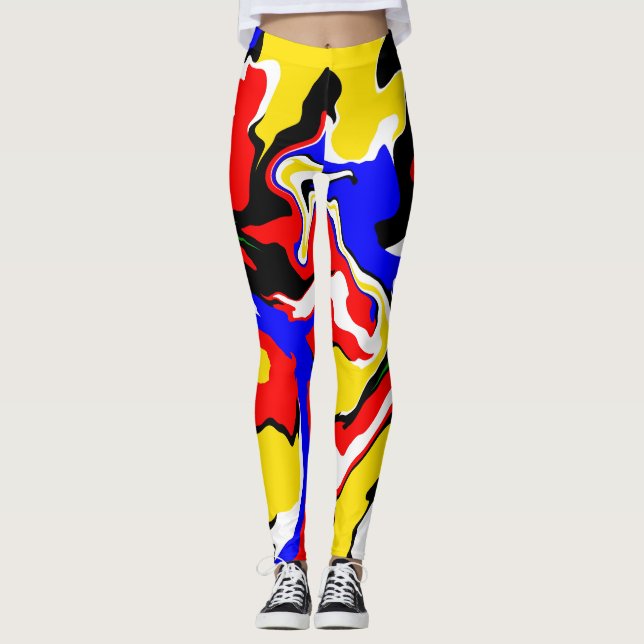 Red, Yellow, Black, Blue and Green Swirls   Leggings (Front)
