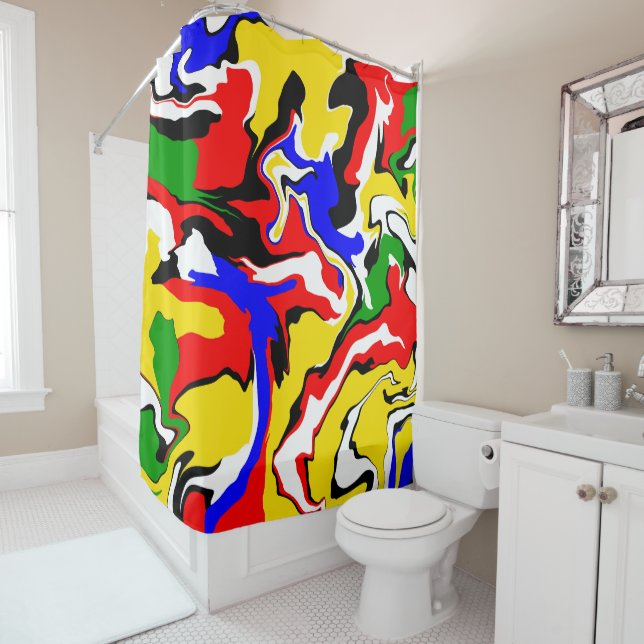 Red, Yellow, Black, Blue and Green Swirls Shower Curtain (In Situ)
