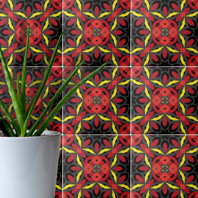 Red Yellow Black Ethnic Arabesque Mosaic Boho Chic Tile (Creator Uploaded)
