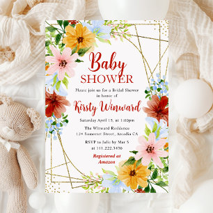 Red Yellow Blue Flowers Frame Baby Shower Invitation