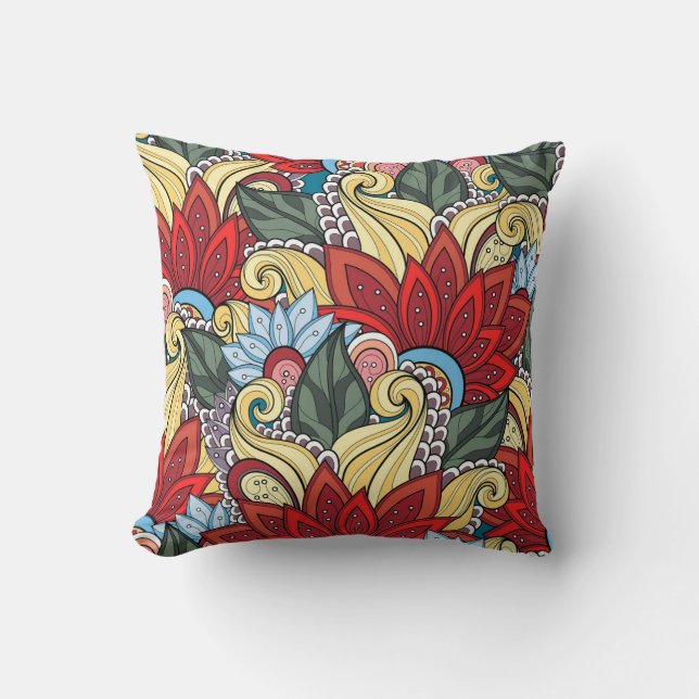 Red Yellow Blue Green Flowers And Swirl Cushion (Front)