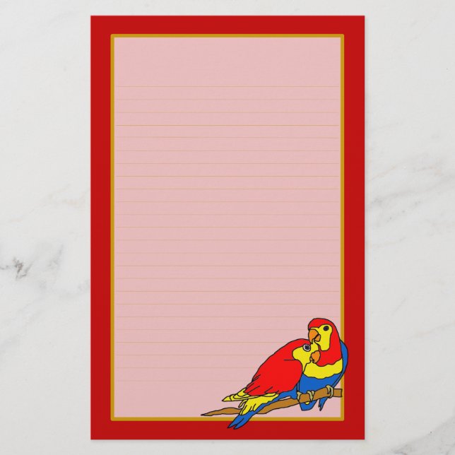 Red Yellow Blue Love Birds Fine Lined Stationery (Front)