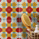 Red Yellow Blue Textured Geometric Pattern Tile<br><div class="desc">This ceramic tile showcases a vibrant and symmetrical design. The pattern is composed of bold red diamonds at the centre, surrounded by yellow diamond shapes with central cutouts. These shapes create a striking contrast against each other. Blue stripes intersect at right angles around the yellow diamonds, elegantly framing them. The...</div>