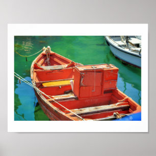 Red Yellow Boat Green Sea Water Colourful Poster
