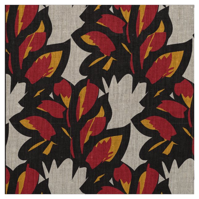 Red Yellow Botanical Leaf Pattern Fabric (Swatch)