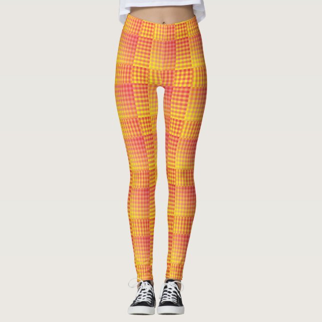Red Yellow Checker Abstract Pattern Leggings (Front)