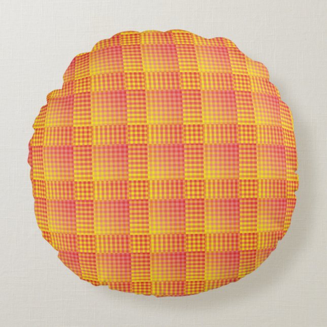 Red Yellow Chequered Abstract Pattern Round Cushion (Front)