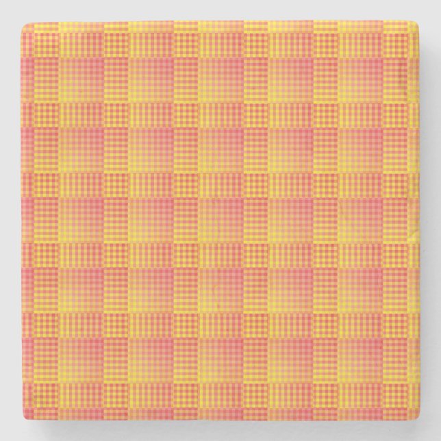 Red Yellow Chequered Abstract Pattern Stone Coaster (Front)