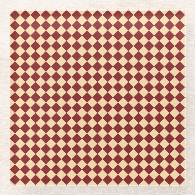 Red Yellow Chequered Diamond Pattern Glass Coaster (Front)