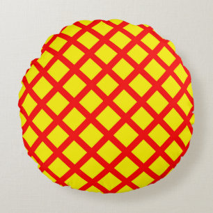 Red Yellow Chequered Diamond Stripes Pattern Round Cushion
