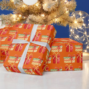 Red & Yellow Christmas Gifts Orange Wrapping Paper