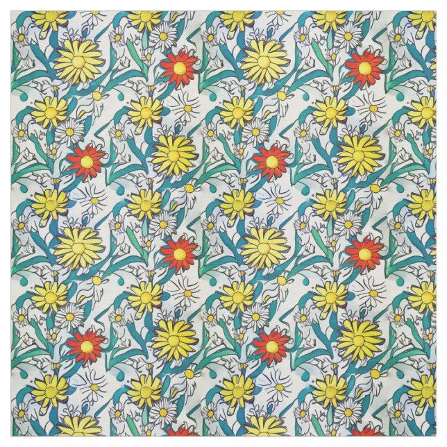 Red & Yellow Daisies Modern Pop Art Fabric (Swatch)